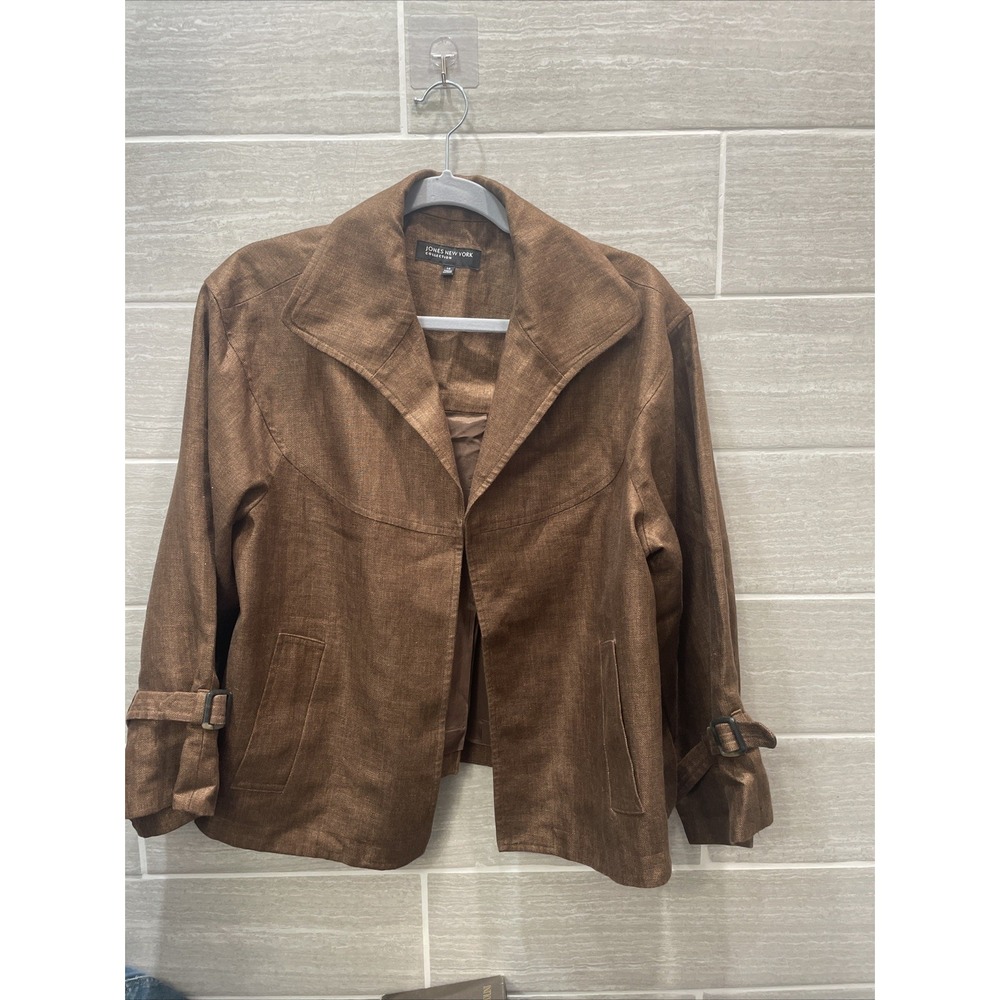 Jones New York women's 14 Chocolate Brown‎ linen jacket 3/4 Sleeve 100% Linen